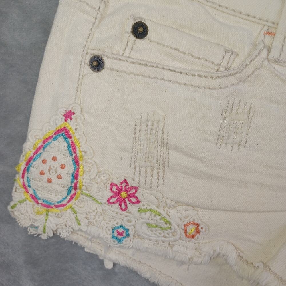 Y2K Mudd Crochet Low Denim Short Size 1 Cream Cutoff Shortie Festival Indie Boho - Picture 3 of 12